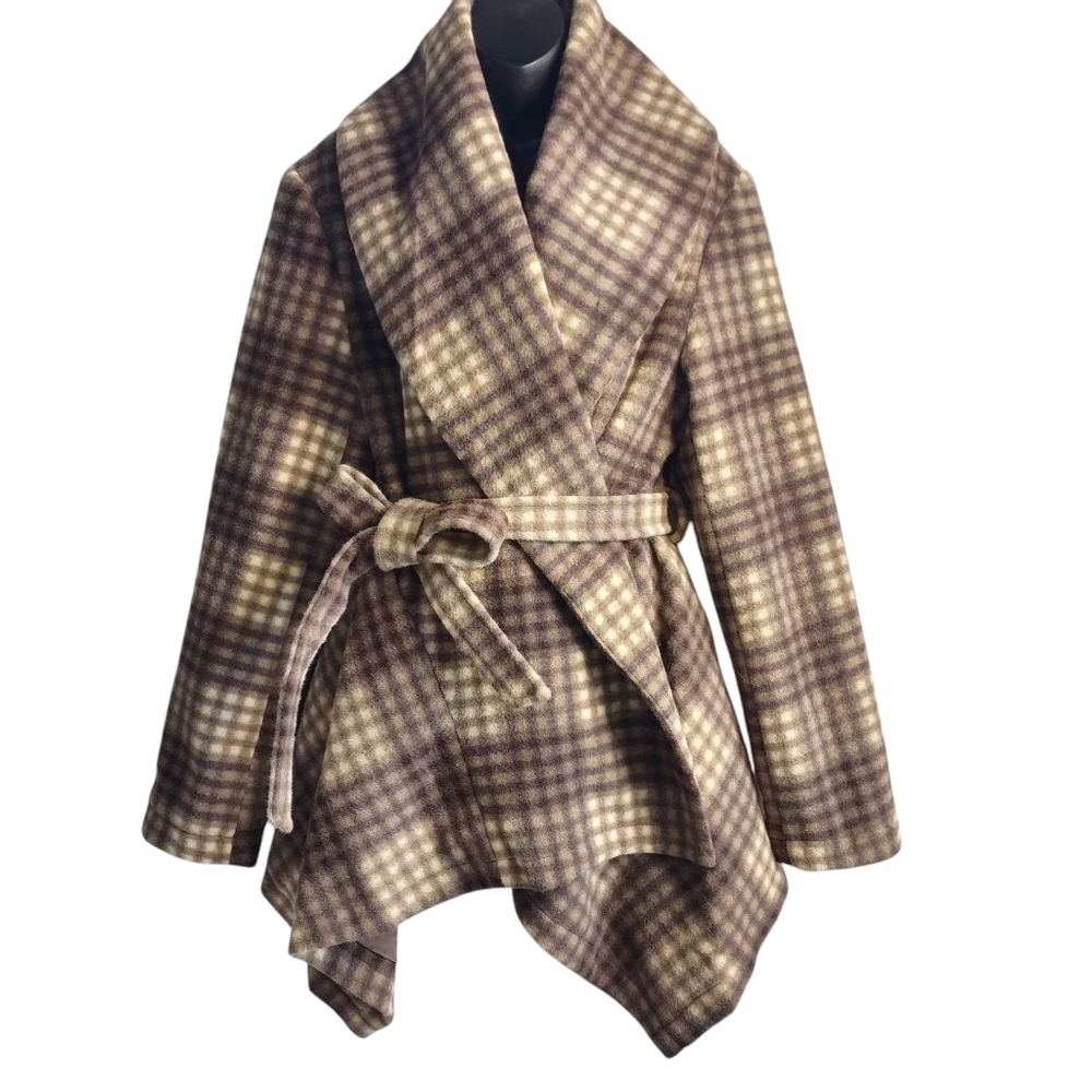 Maurices Women's Brown White Plaid Belted Wrap Pea Coat Size XL NWT
